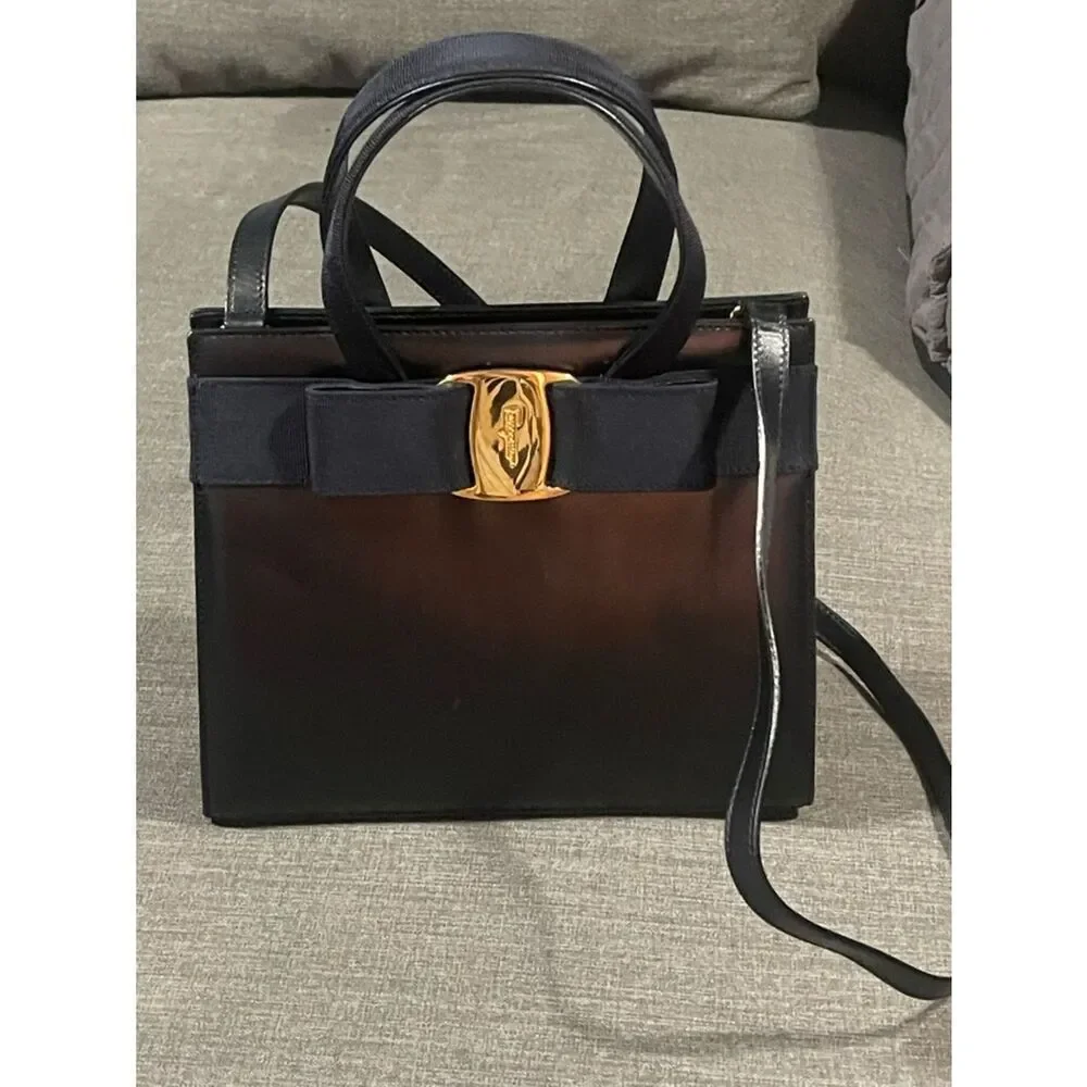 Salvatore Ferragamo Bow Leather Tote Black Gold Hardware Top Handle Crossbody